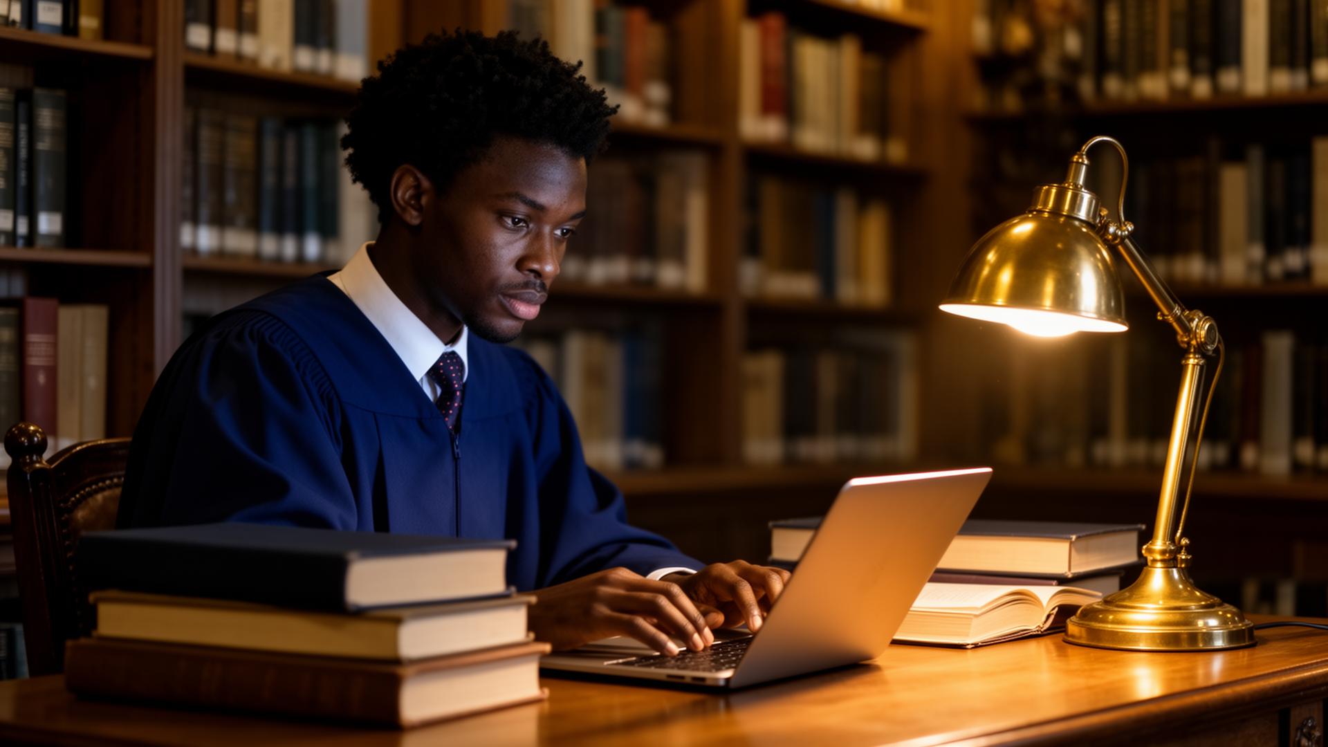 Researcher working in a library at night